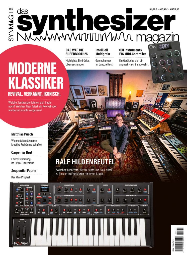 Sequential Fourm · OXI E16 · Electra One Mini · Intellijel Multigrain · Ralf Hildenbeutel · Matthias Puech · Wally Badarou · Carpenter Brut · Moderne Vintage-Klassiker · Groove Synthesis 3rd Wave 8m · KORG Electribe · Roland Alpha Juno · Retro Composing · Mellotron-Sounds · Elektron-Workflow · u-he Zebra 3 · Instrument des Jahres 2027. Synthesizer · SUPERBOOTH26